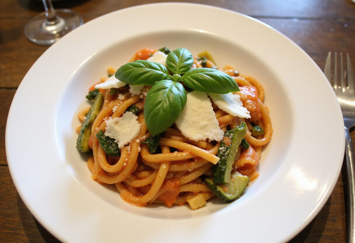 A vibrant bowl of One-Pot Summer Veg Pasta presented with fresh basil and Parmesan cheese, perfect for a summer meal.