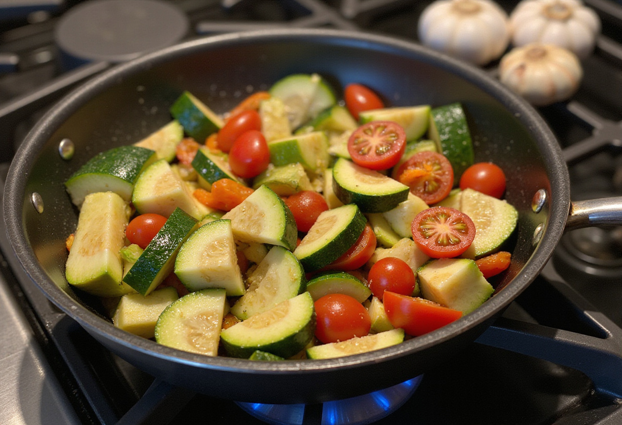 Sautรฉing fresh summer vegetables like zucchini and bell peppers for One-Pot Summer Veg Pasta in a pot on the stove.