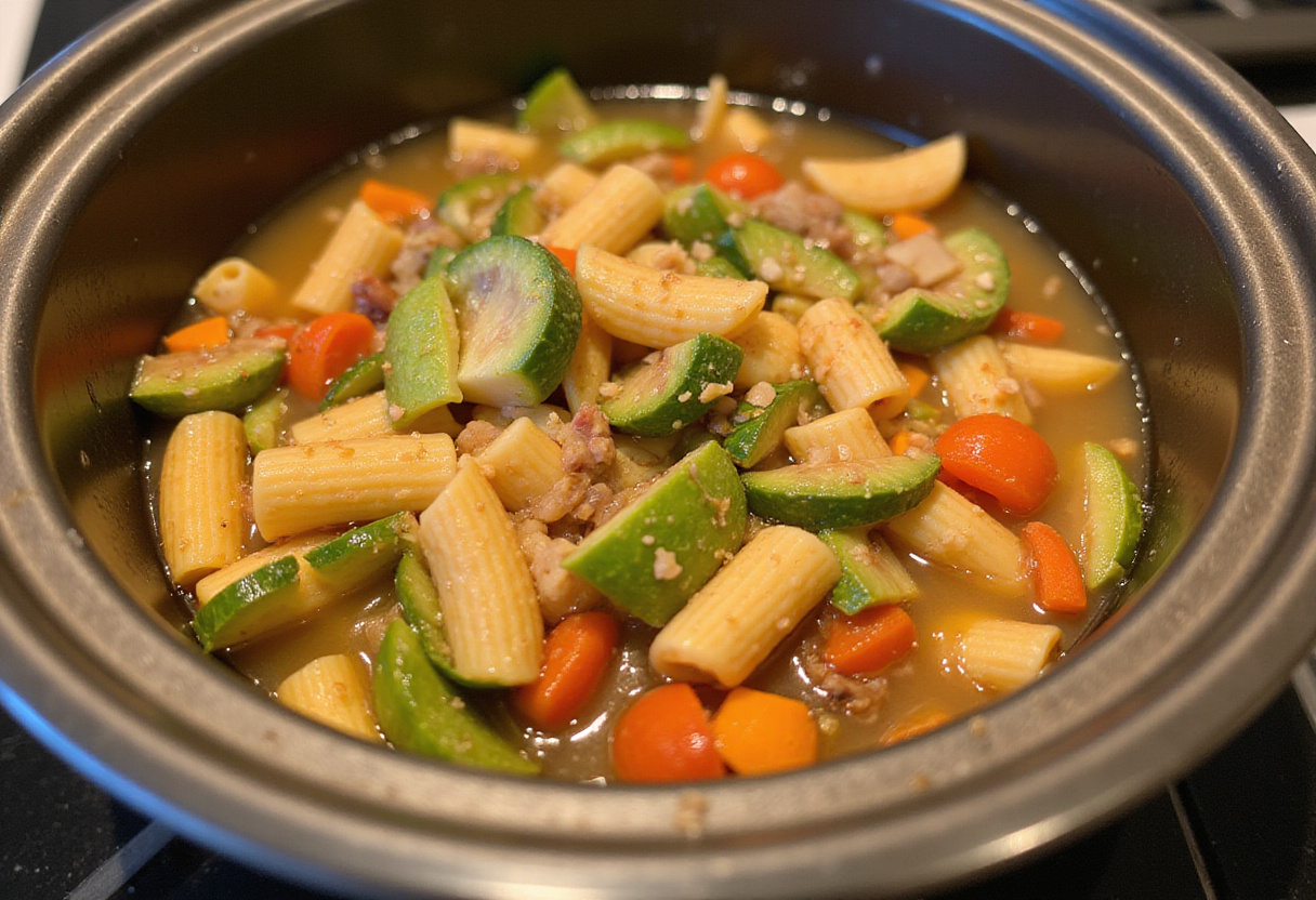 Adding uncooked pasta and vegetable broth to sautรฉed vegetables in a one-pot preparation for summertime pasta dishes.