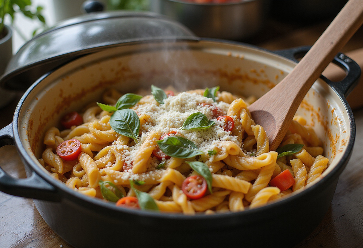 Finishing the One-Pot Summer Veg Pasta with grated Parmesan cheese and fresh basil in a vibrant, flavorful dish.