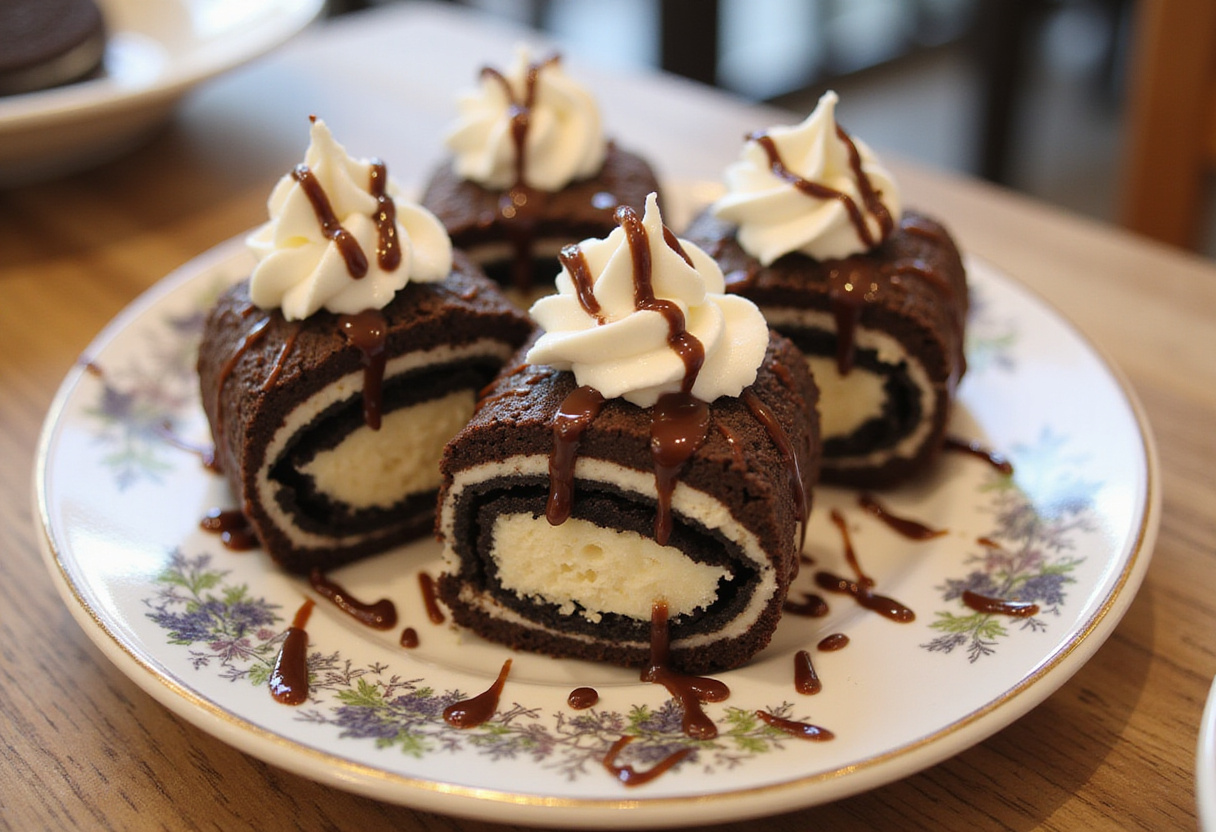 Final presentation of Oreo Cream Cheese Cheesecake Sushi Roll with garnishments for an elegant dessert.