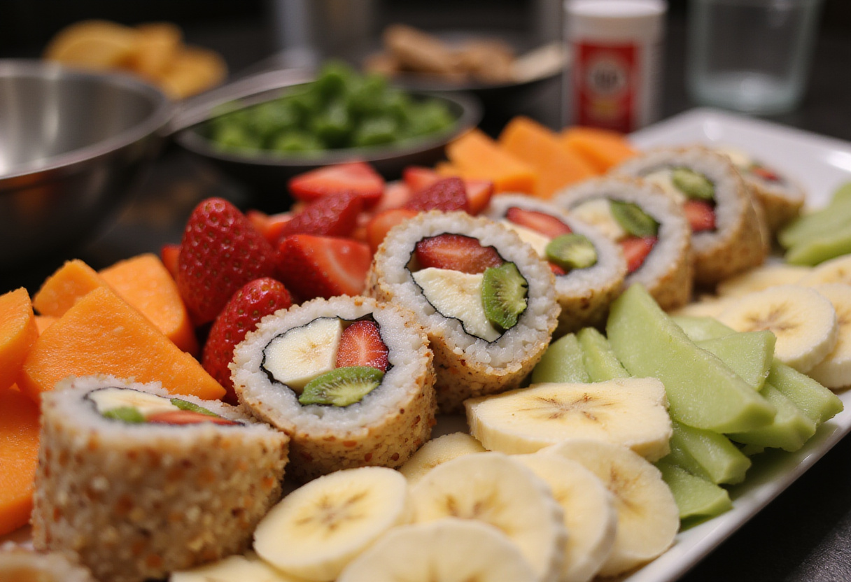 Sliced fruits like strawberries and bananas for filling in Oreo Cream Cheese Cheesecake Sushi Roll.