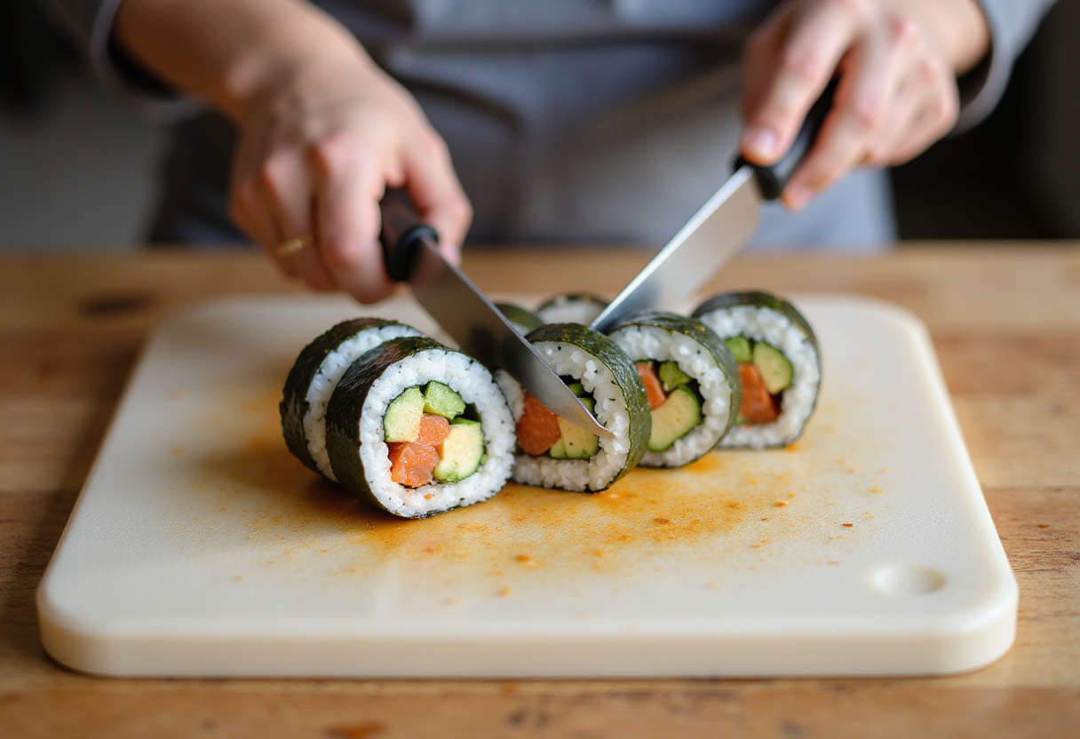 Slicing Oreo Cream Cheese Cheesecake Sushi Roll into pieces on a cutting board.