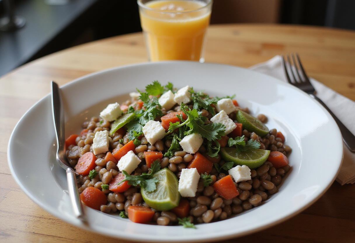 Delicious Oriental red lentil salad with feta presentation, colorful and fresh ingredients, perfect for a healthy meal.