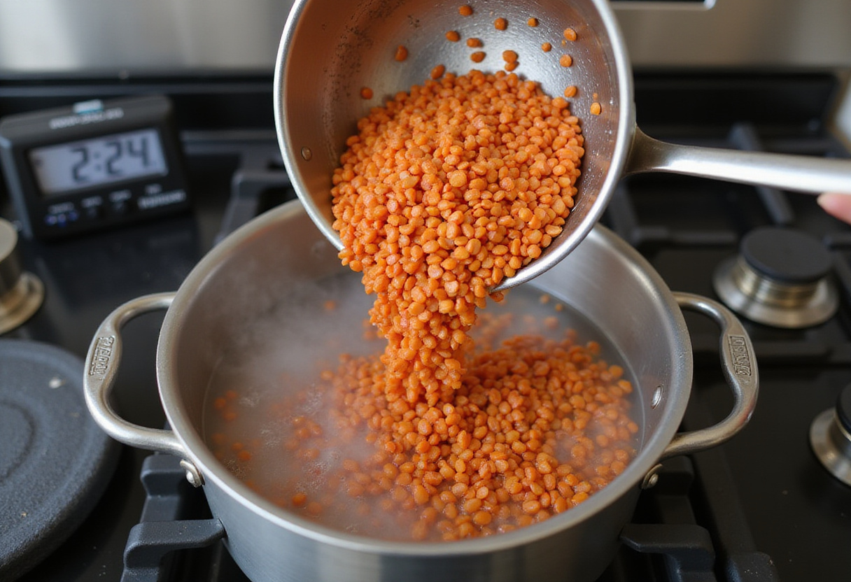 Adding red lentils to boiling water for an Oriental red lentil salad with feta, showcasing cooking process.