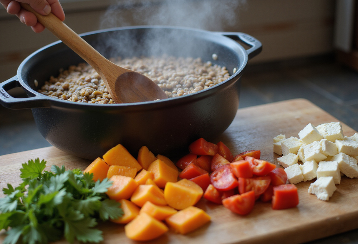 Stirring cooked red lentils for an Oriental red lentil salad with feta, highlighting the ingredients preparation.