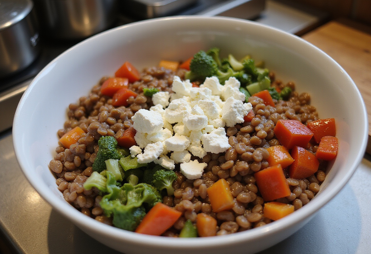 Mixing ingredients for an Oriental red lentil salad with feta, featuring vibrant vegetables and cheese.