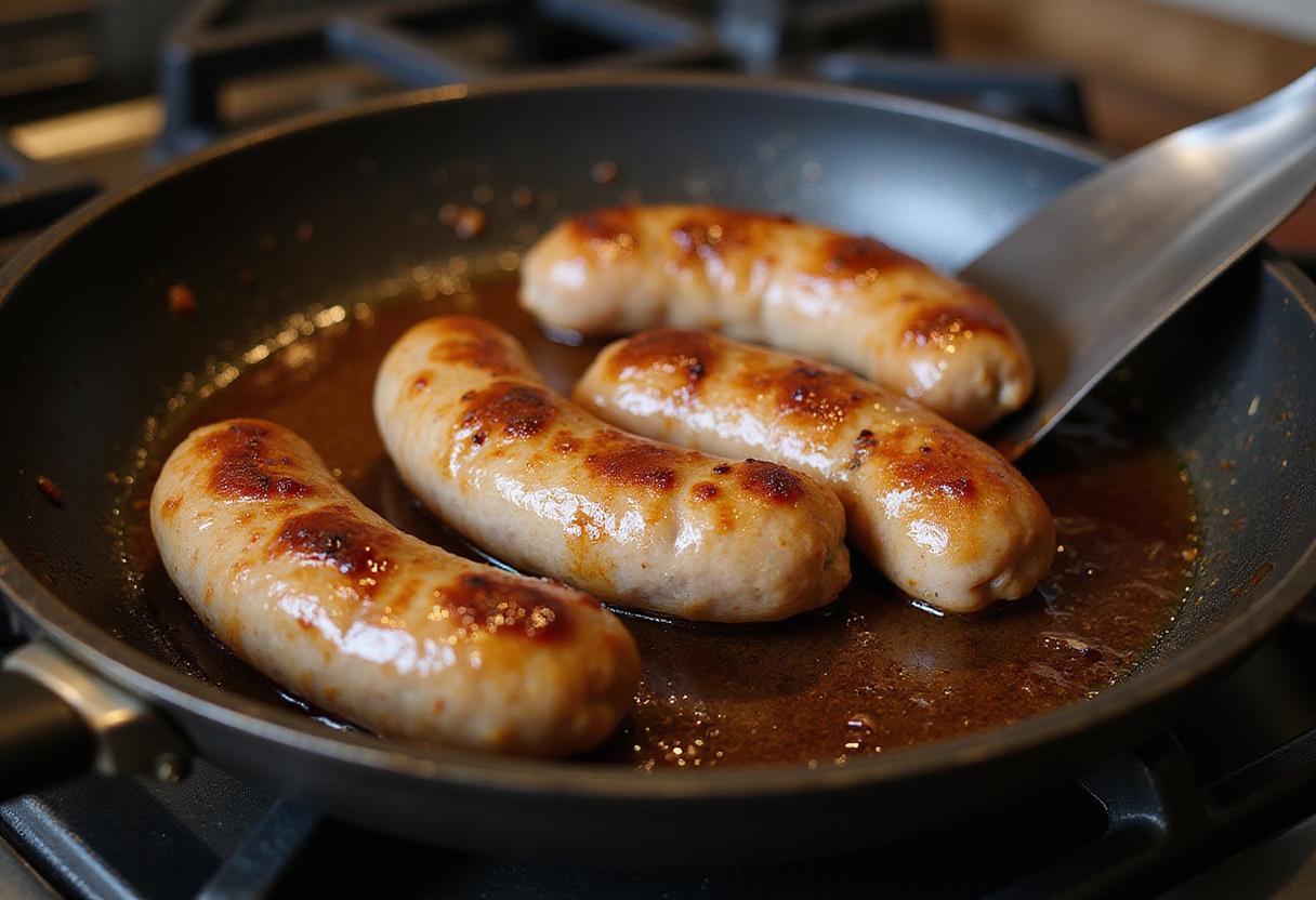 Cooking sausage links for pancake sausage casserole, savory breakfast dish starting point, golden brown sausage in a skillet.