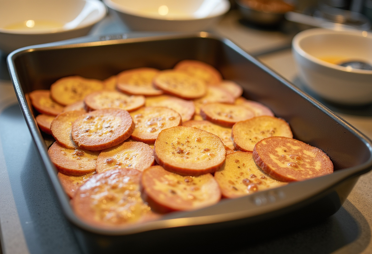 Layering cooked sausage in a baking dish for pancake sausage casserole, ingredients prepared for an easy breakfast bake.