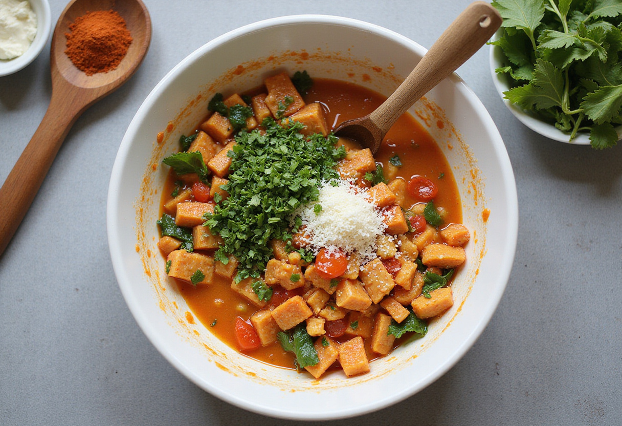Mixing ingredients for the Parent Trap Meal Party in a large bowl, featuring colorful vegetables and protein for a delightful meal.