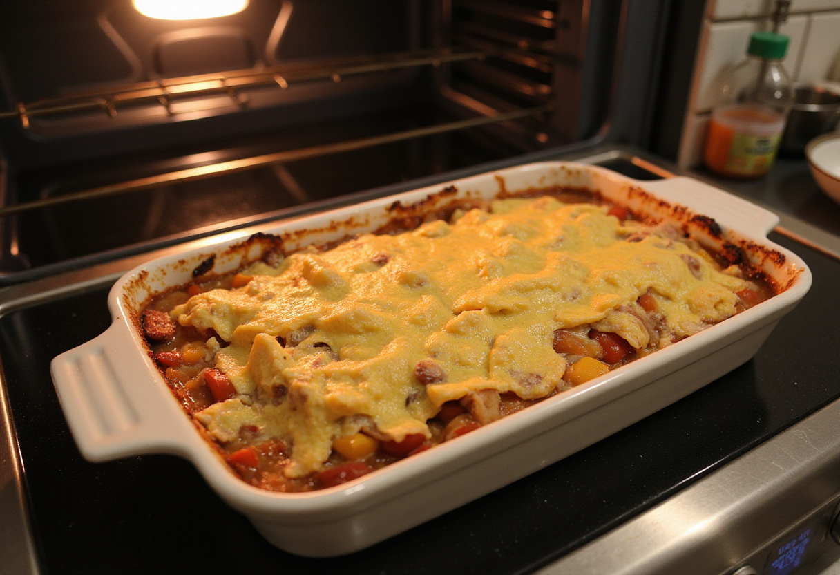 Assembling the delicious casserole for the Parent Trap Meal Party, showcasing layers of fresh ingredients in a baking dish.