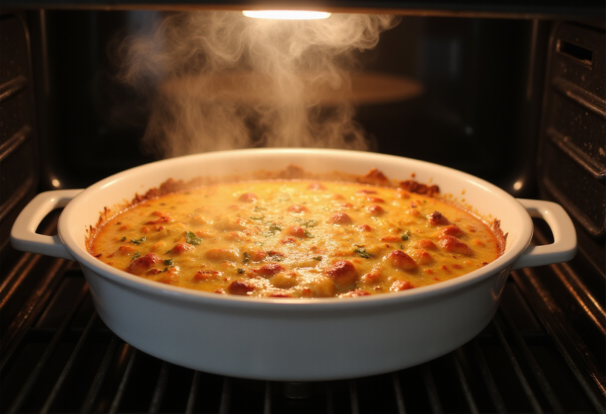 Placing the casserole in the oven for the Parent Trap Meal Party, highlighting the anticipation of delicious baked flavors.