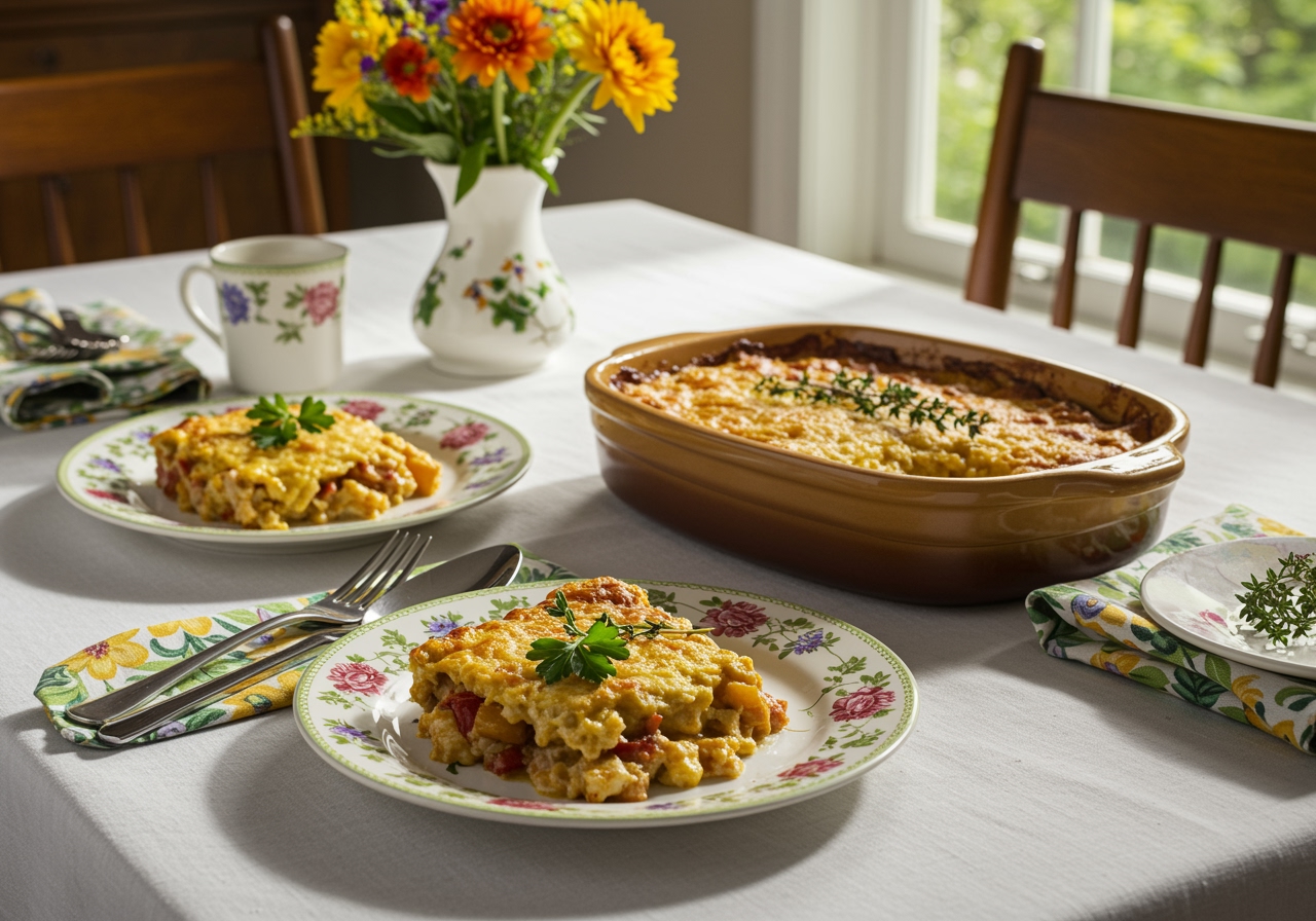 The final presentation of the Parent Trap Meal Party casserole, an inviting and delicious centerpiece for family and friends.