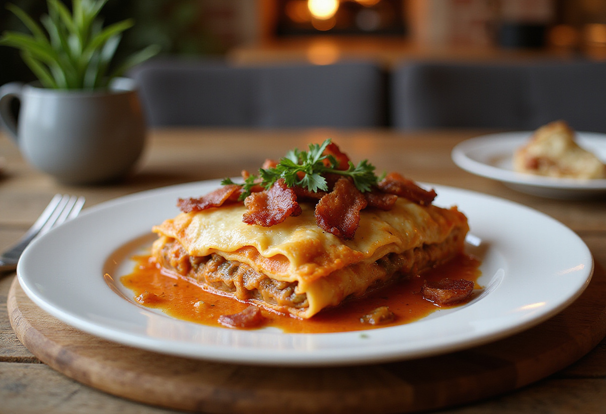 Deliciously baked Parmesan Garlic Bacon Cheeseburger Lasagna ready to be enjoyed.