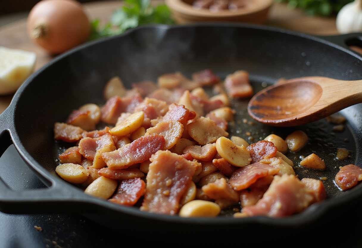 Crispy bacon and garlic sautรฉing in a skillet for Parmesan Garlic Bacon Cheeseburger Lasagna.