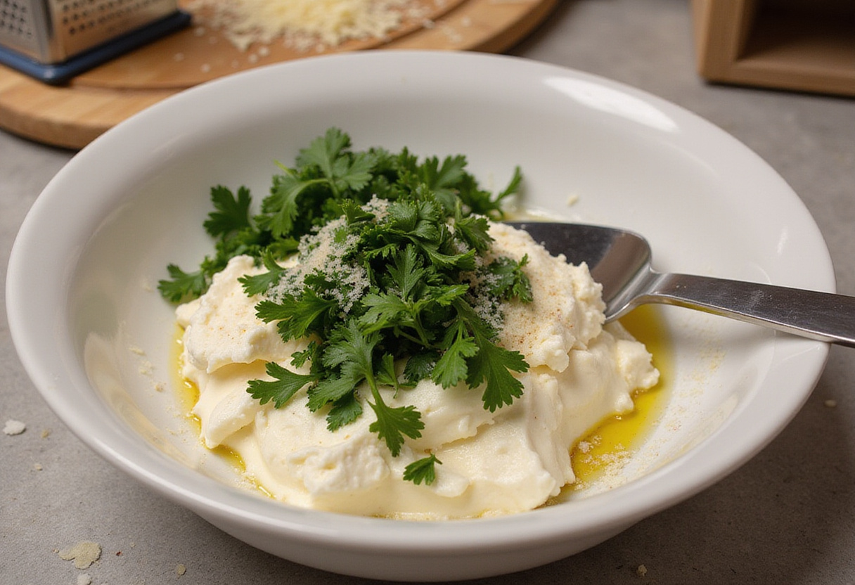 Mixing ricotta cheese and Parmesan for layering in Parmesan Garlic Bacon Cheeseburger Lasagna.