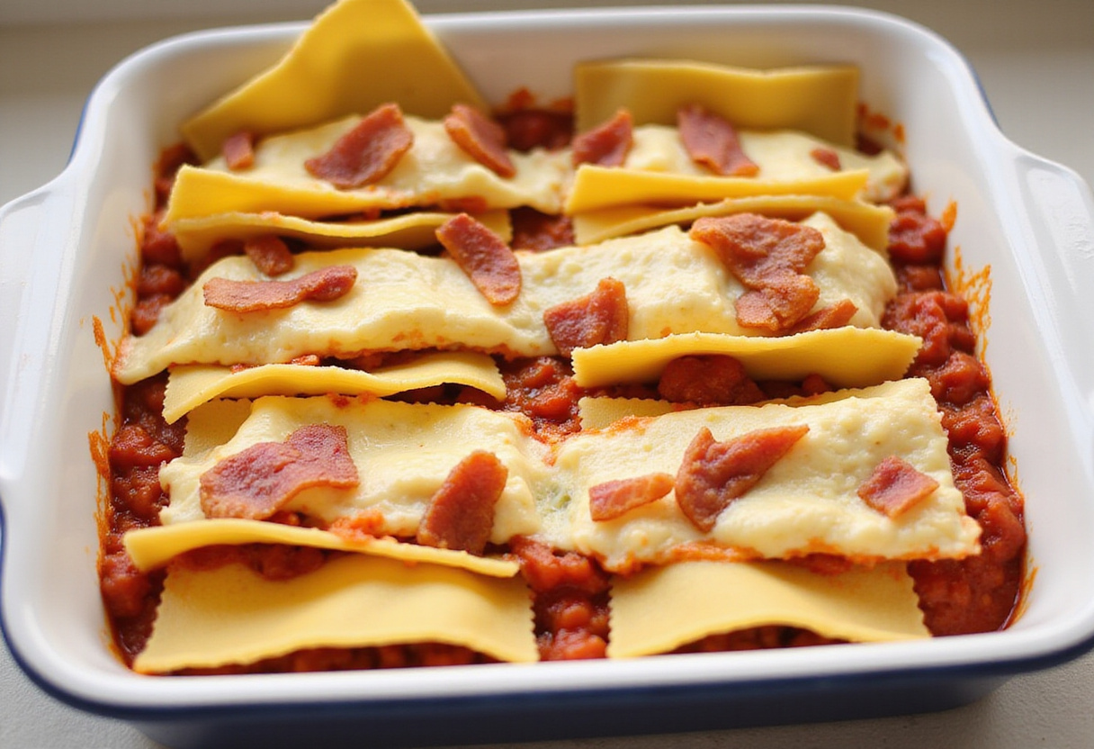 Assembling layers of Parmesan Garlic Bacon Cheeseburger Lasagna in a baking dish.