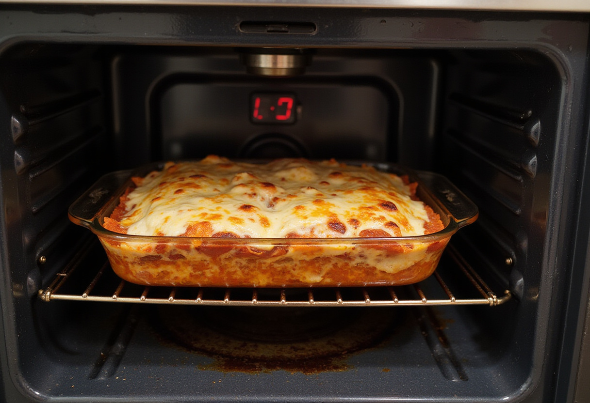 Baking Parmesan Garlic Bacon Cheeseburger Lasagna in the oven, with cheese bubbling delightfully.