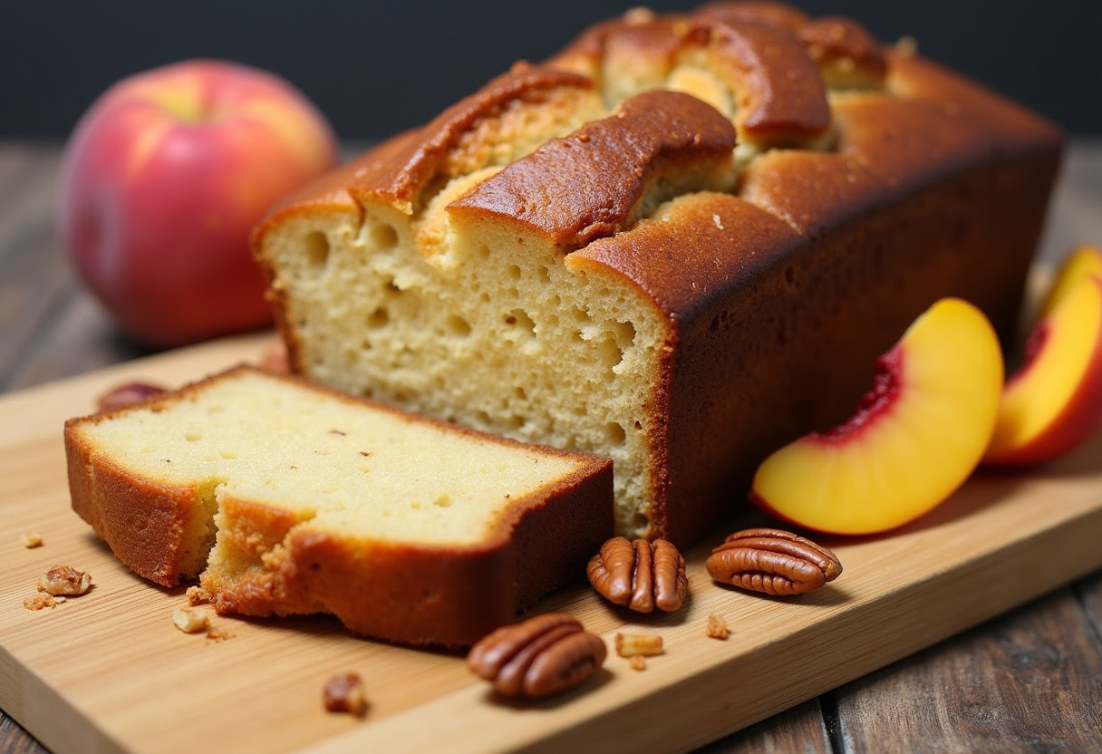 Deliciously baked Peach Pecan Bread slices served on a rustic cutting board with fresh peaches and pecans.