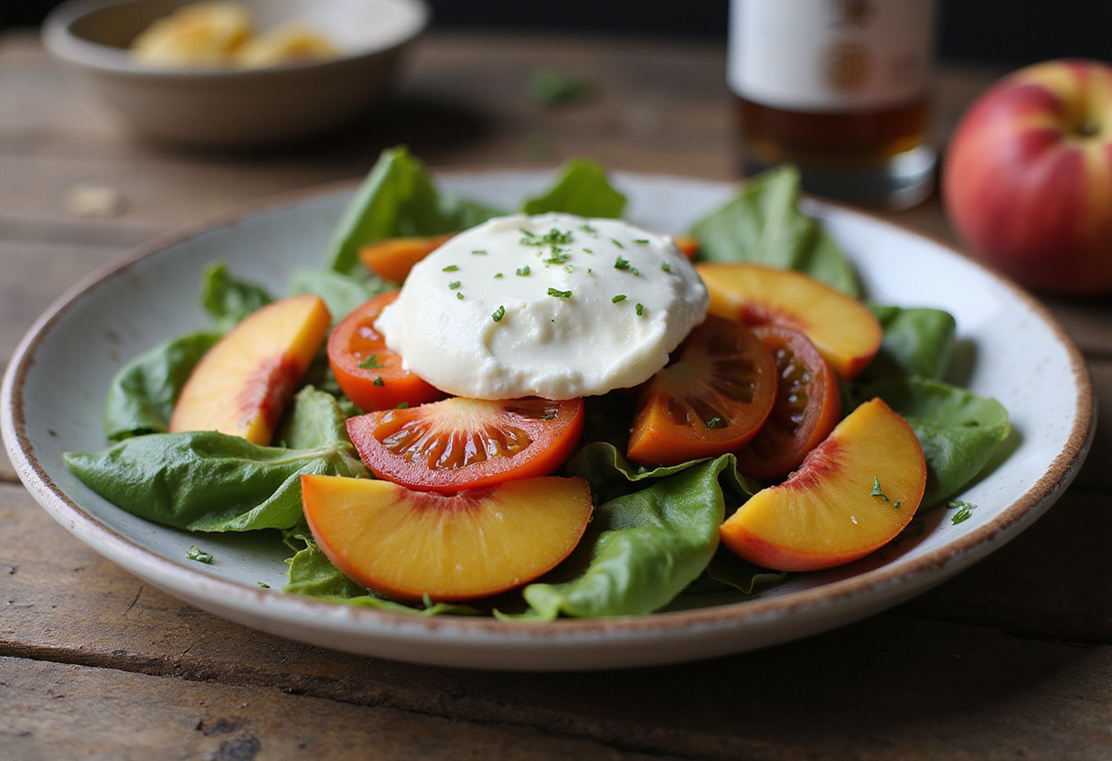 Beautifully arranged Peach Tomato Burrata Salad served in an inviting kitchen setting, highlighting its fresh ingredients and vibrant colors.