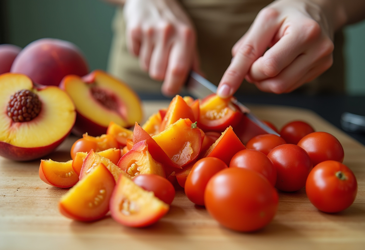 Fresh peaches and tomatoes being sliced for a Peach Tomato Burrata Salad, showcasing the colorful ingredients preparation.