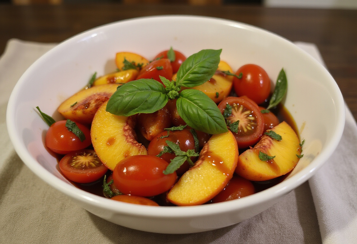 Mixing fresh peach and tomato slices with olive oil and basil for a delicious Peach Tomato Burrata Salad.