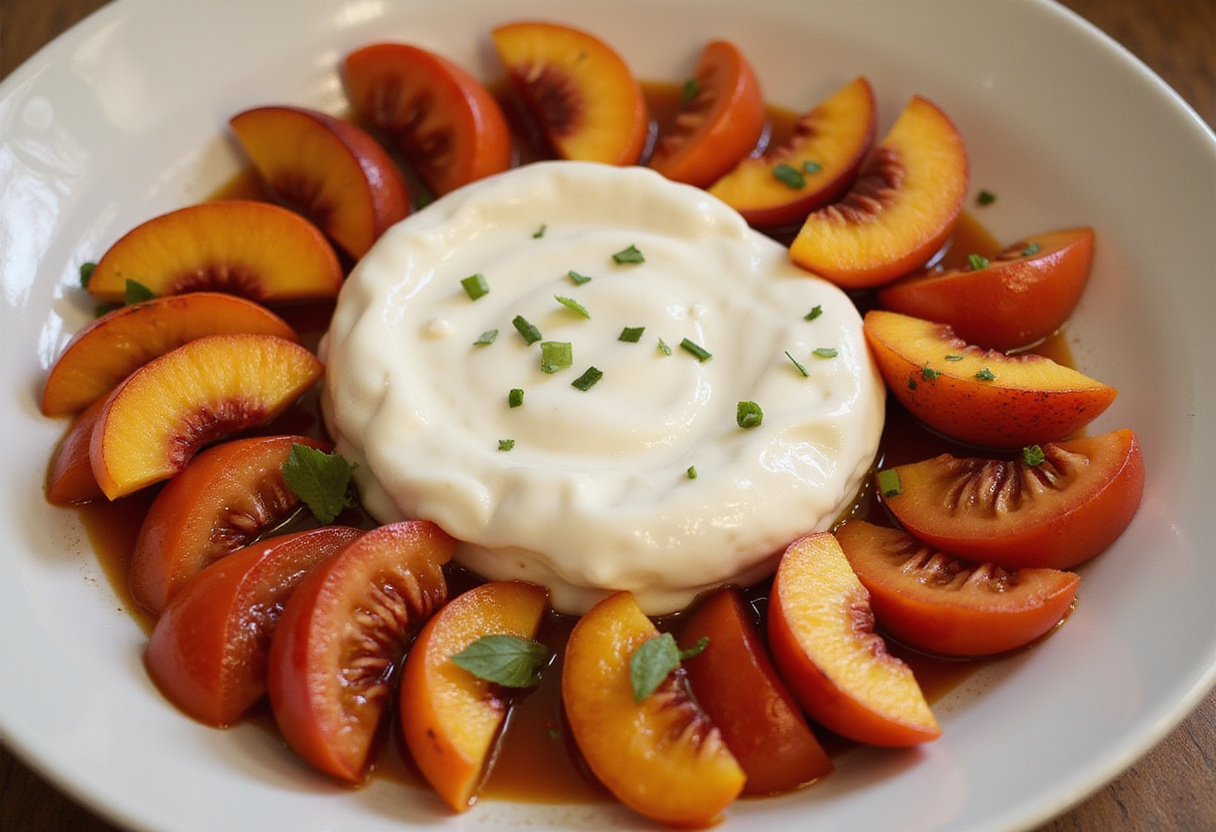Plating a Peach Tomato Burrata Salad with creamy burrata cheese surrounded by vibrant marinated peaches and tomatoes.
