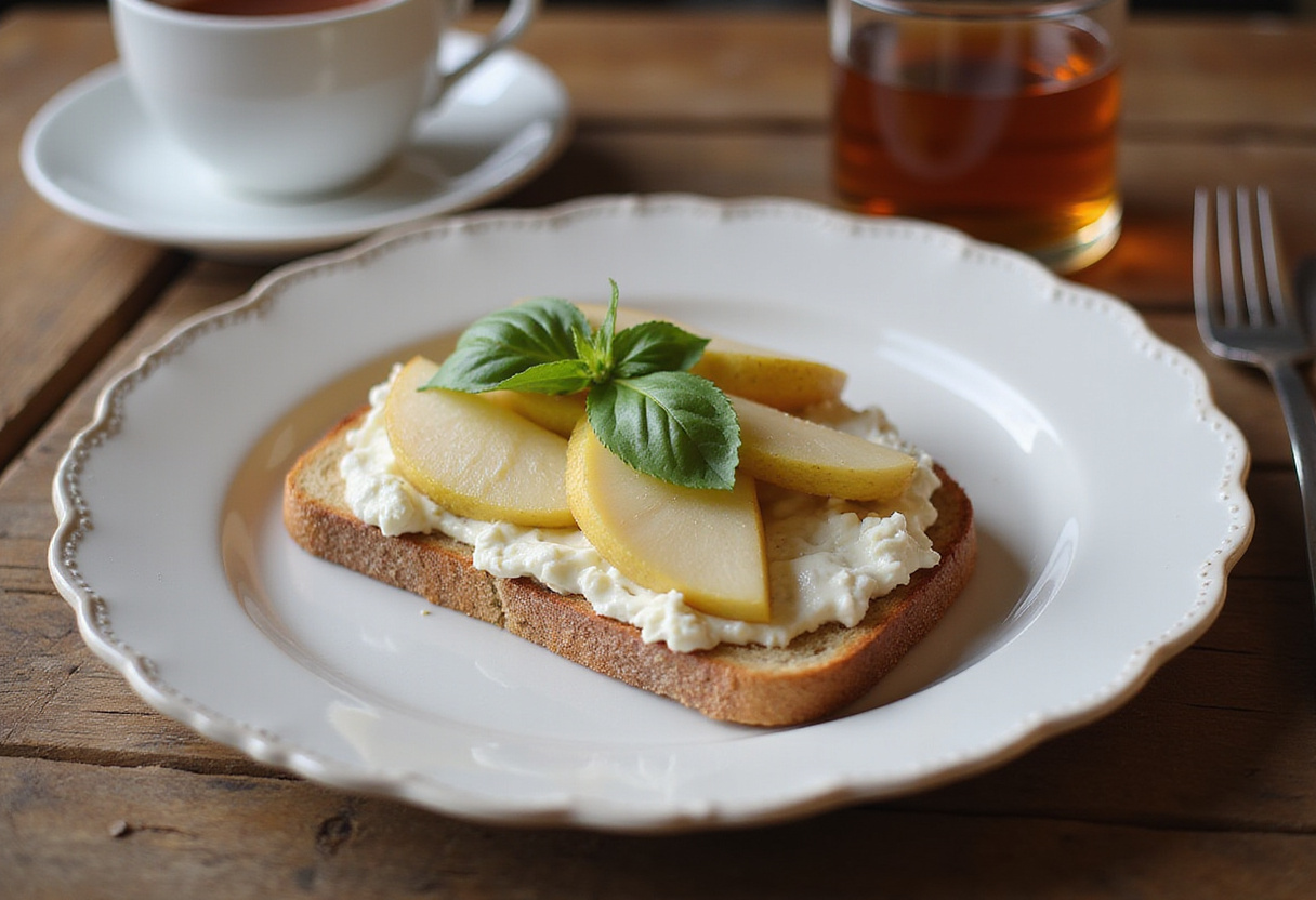 Completed Pear & Cottage Cheese Toast displayed on a rustic table, perfect for a healthy breakfast or snack.