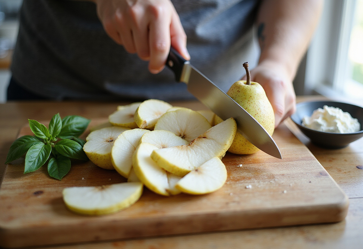 Freshly sliced pear for Pear & Cottage Cheese Toast with basil and cottage cheese in a sunlit kitchen.