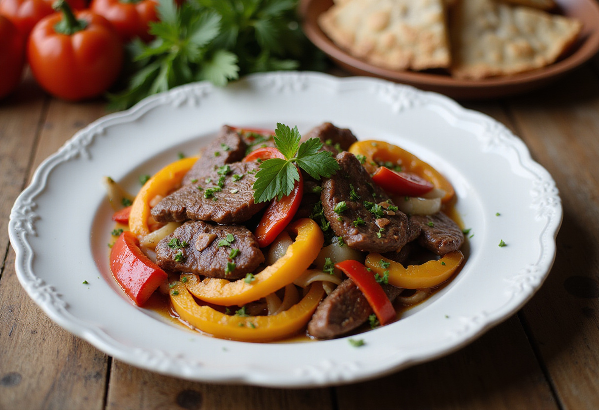 Final presentation of Pepper Steak with colorful bell peppers and onions plated beautifully, a delicious meal ready to be enjoyed.