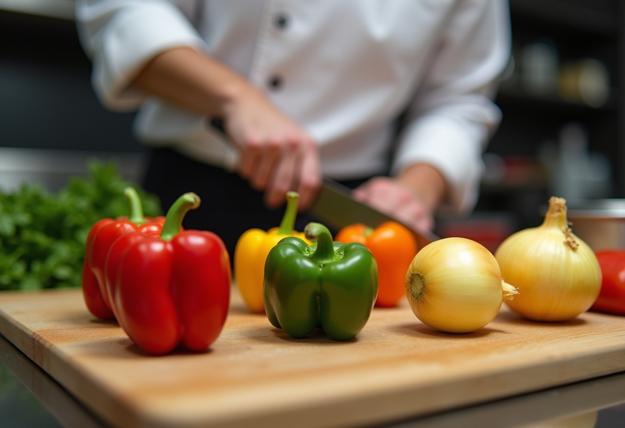 Freshly sliced bell peppers and onions for Pepper Steak, vibrant colors of bell peppers and onions, preparing vegetables for cooking.