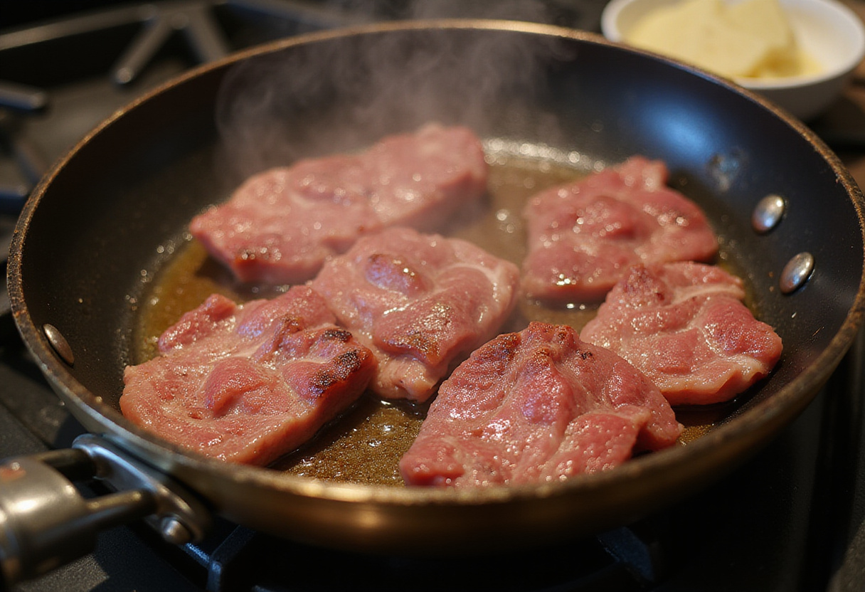 Seared beef sizzling in a skillet for Pepper Steak, golden-brown crust, cooking meat to perfection with high heat.