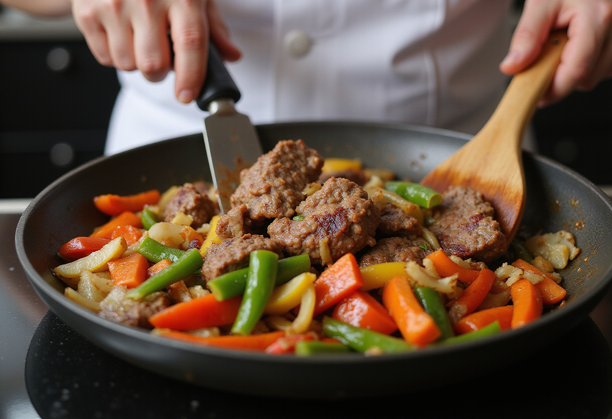 Combining sautéed vegetables with seared beef for Pepper Steak, colorful bell peppers and onions mingling with meat in a skillet.