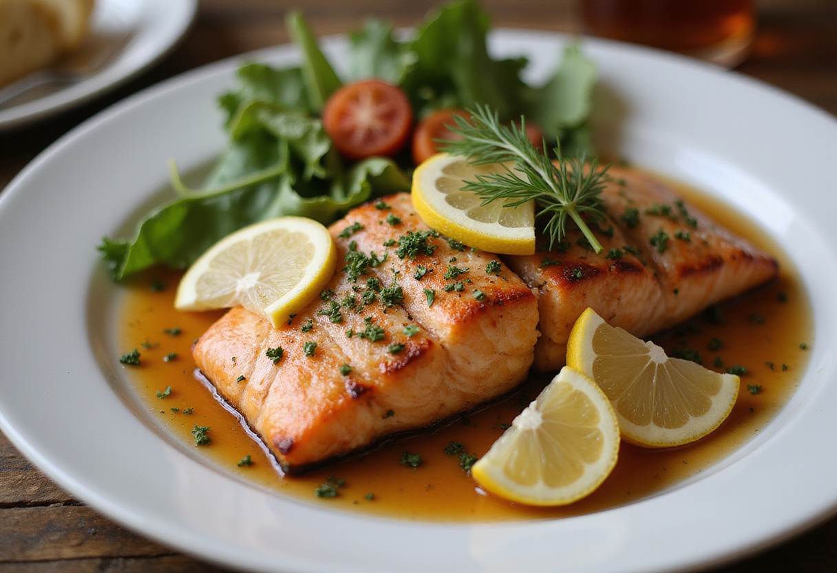 Deliciously plated perfectly baked salmon with lemon and dill, presented on a rustic table, showcasing a gourmet culinary experience.