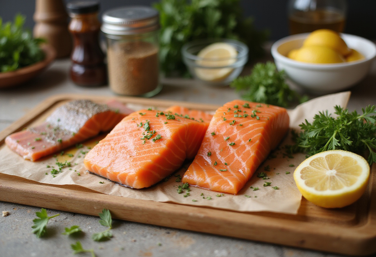 Fresh salmon fillets prepared for perfectly baked salmon with olive oil and lemon slices in a bright kitchen.