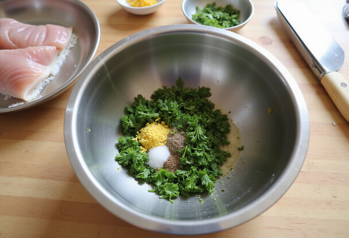 Mixing dill, lemon zest, salt, and pepper for the marinade to enhance perfectly baked salmon flavor.
