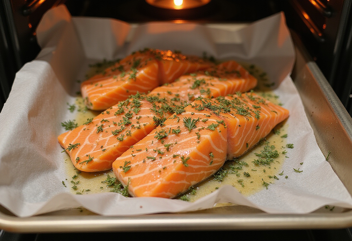 Salmon fillets on a baking sheet, generously coated with dill and lemon mixture for a delicious baking experience.