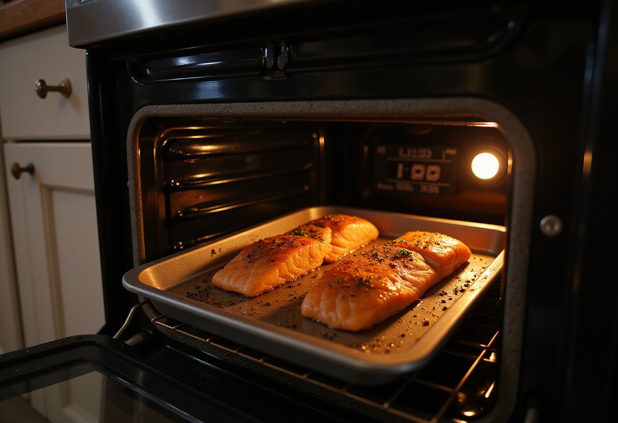 Salmon fillets baking in the oven, showcasing a homely kitchen atmosphere while creating perfectly baked salmon.