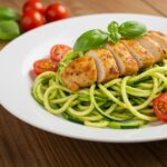 Final presentation of Pesto Zucchini Noodles with Grilled Chicken, showcasing the vibrant colors of the noodles, chicken, and fresh garnishes.