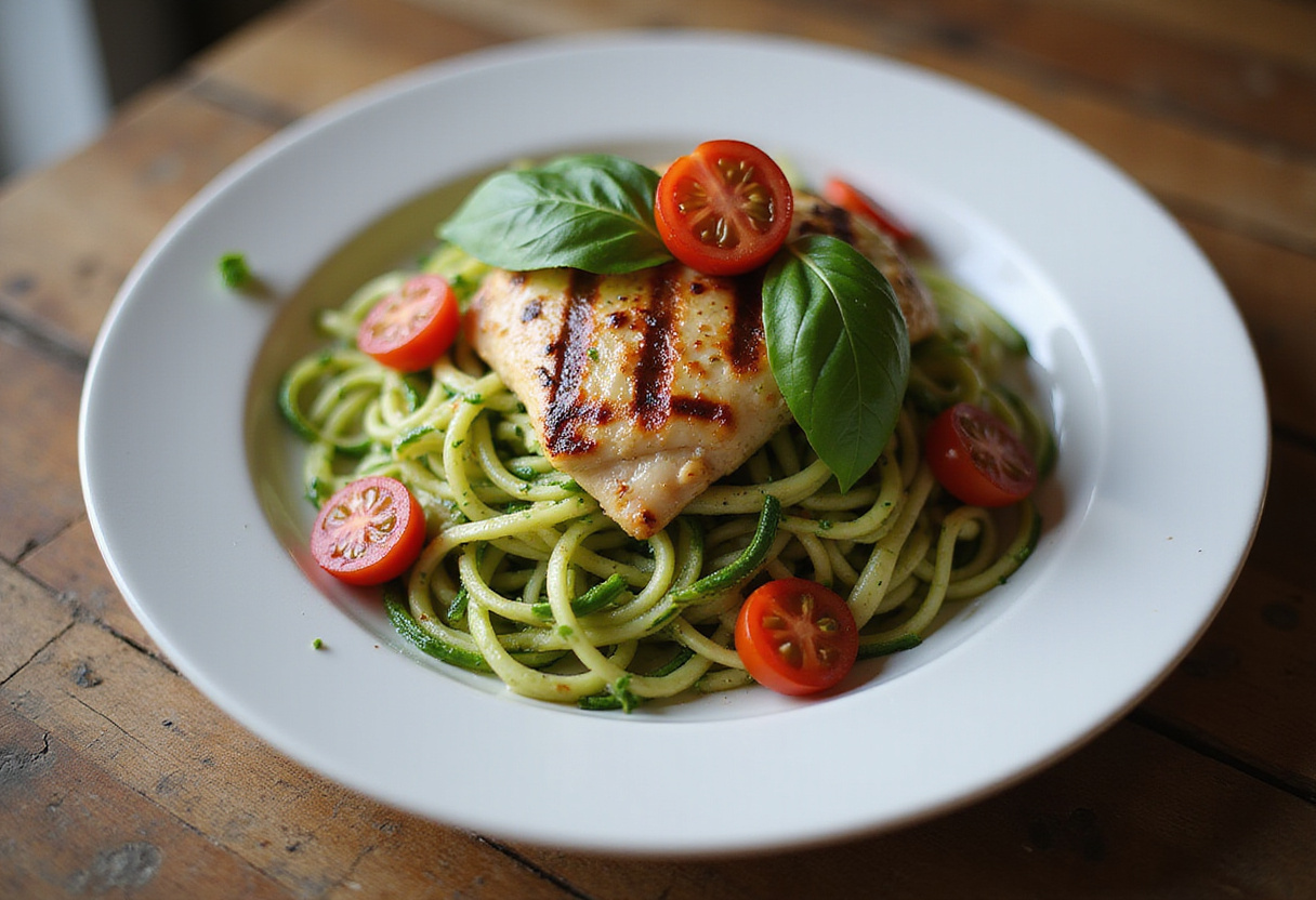 Final presentation of Pesto Zucchini Noodles with Grilled Chicken, showcasing the vibrant colors of the noodles, chicken, and fresh garnishes.