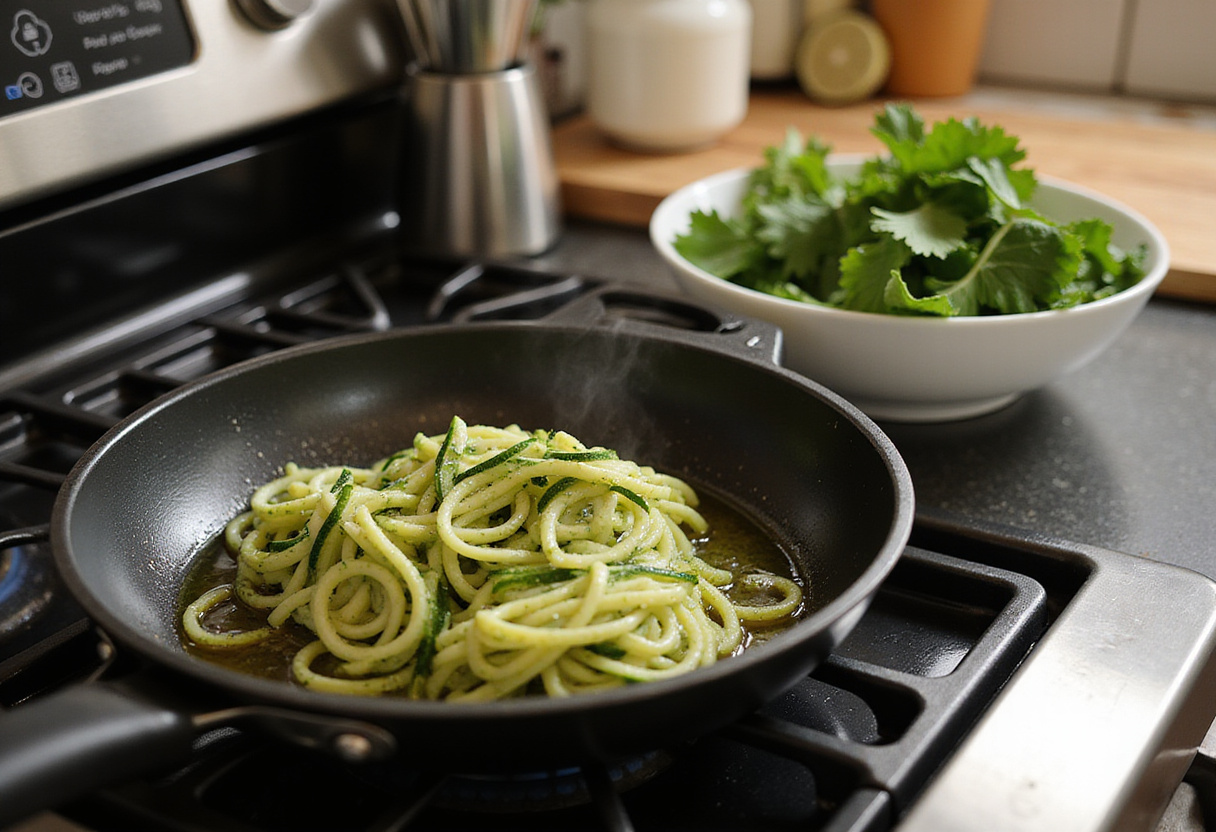 Heating olive oil in a skillet to prepare Pesto Zucchini Noodles with Grilled Chicken, combined with the aroma of fresh herbs and pesto.