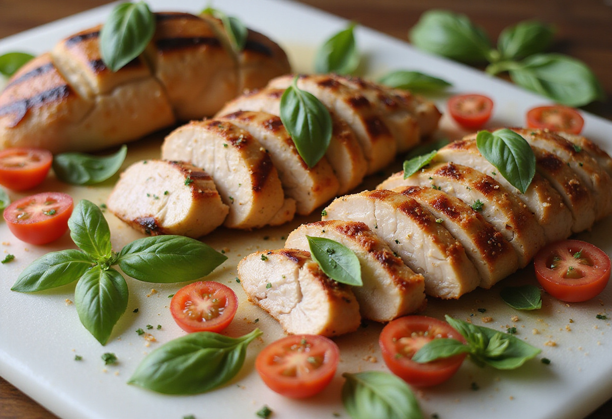 Slicing grilled chicken for Pesto Zucchini Noodles with Grilled Chicken, showcasing the deliciously cooked chicken and fresh garnishes like basil and tomatoes.