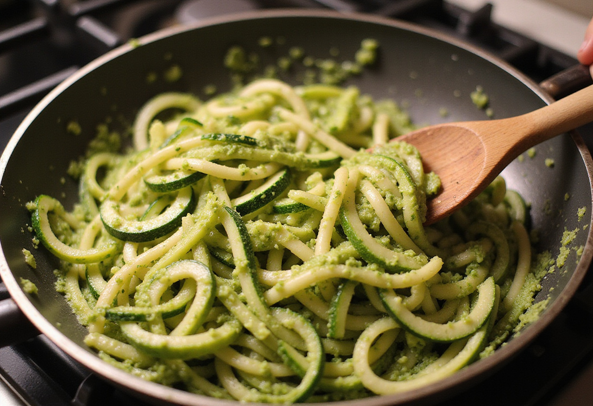 Tossing zucchini noodles in a skillet with fresh pesto for Pesto Zucchini Noodles with Grilled Chicken, highlighting the vivid colors and textures.