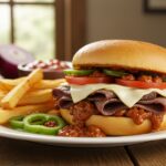 A delicious plate of Philly Cheesesteak Sloppy Joes with fries, showcasing a mouthwatering sandwich bursting with flavors.