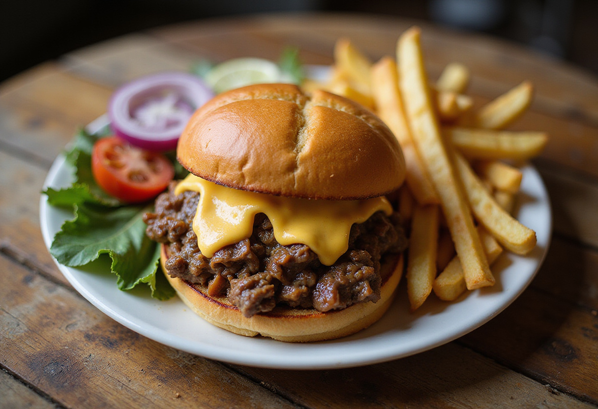 A delicious plate of Philly Cheesesteak Sloppy Joes with fries, showcasing a mouthwatering sandwich bursting with flavors.