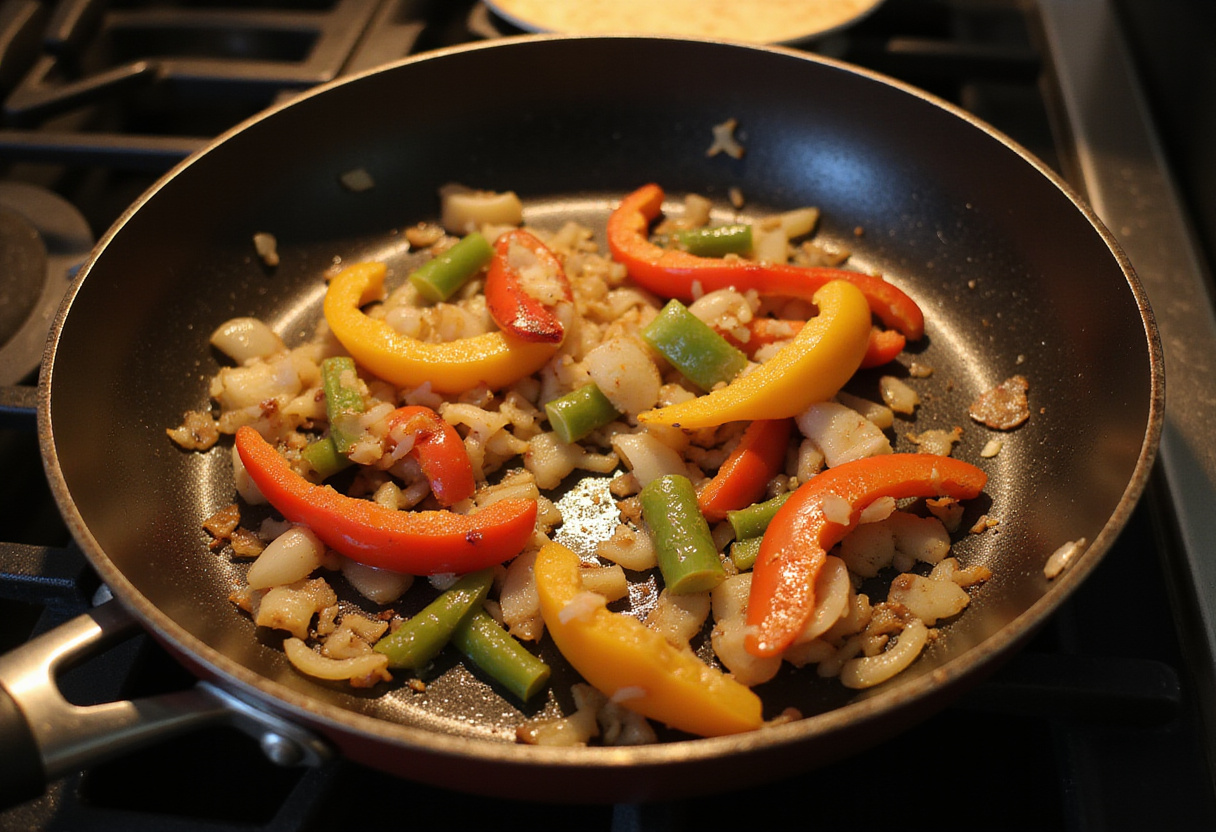 Sautรฉing onions and bell peppers for Philly Cheesesteak Sloppy Joes, highlighting the vibrant colors and delicious aromas.