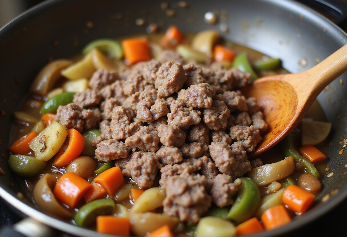 Cooking ground beef with sautรฉed onions and peppers for Philly Cheesesteak Sloppy Joes, showcasing the rich flavors coming together.