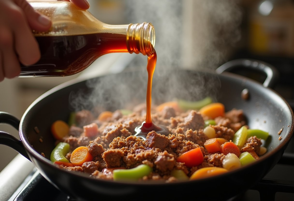 Seasoning beef for Philly Cheesesteak Sloppy Joes, capturing the moment of enhancing flavors with Worcestershire sauce.