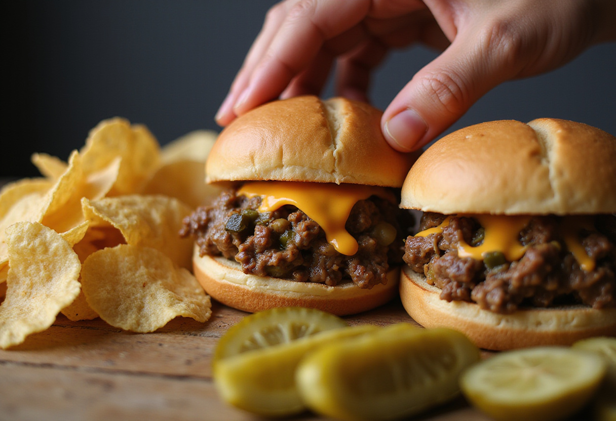 Assembling Philly Cheesesteak Sloppy Joes on buns, highlighting the melty cheese and hearty filling for a flavorful meal.