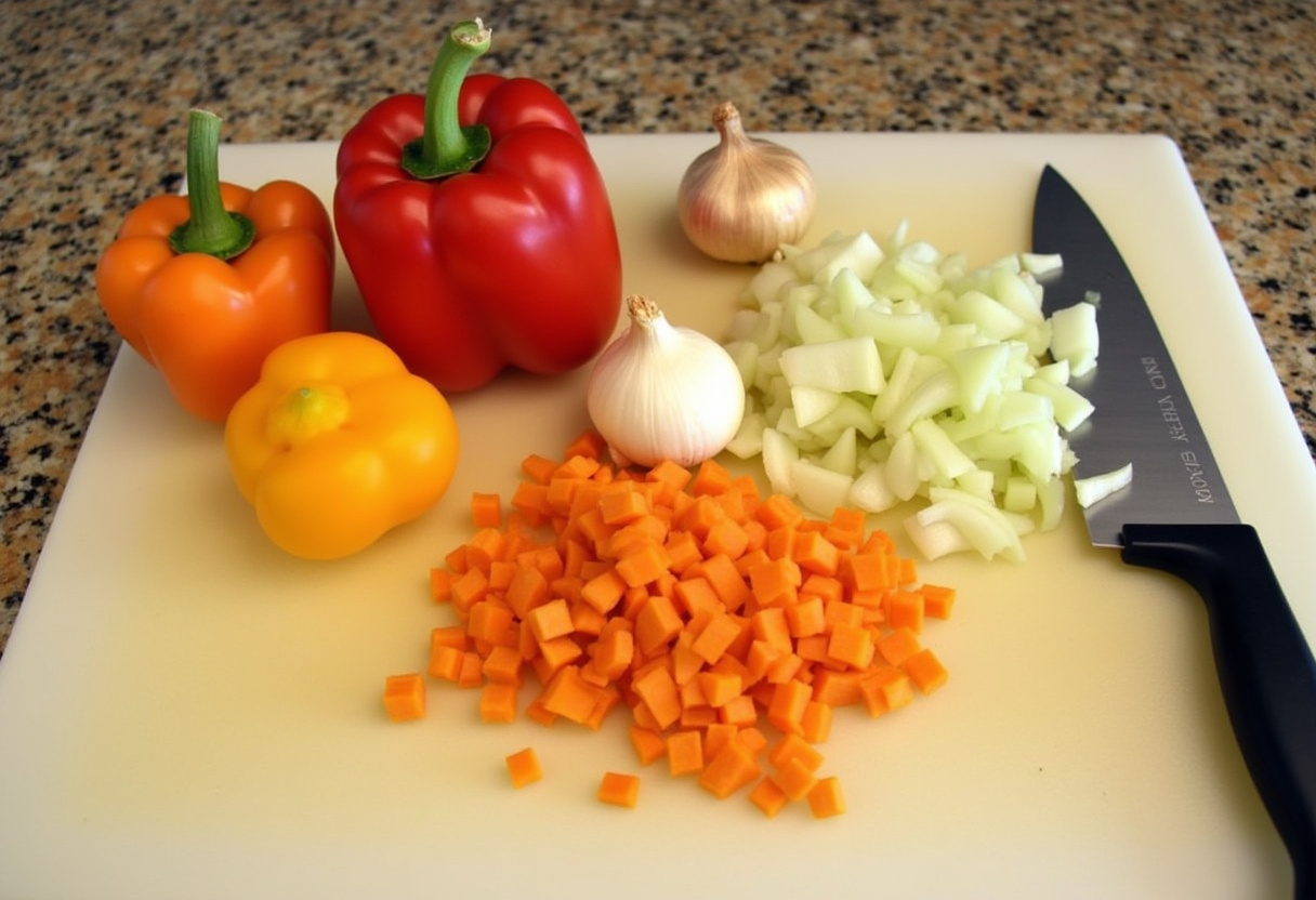 Chopping colorful bell peppers and onions for Philly Cheesesteak Tortellini Pasta preparation.